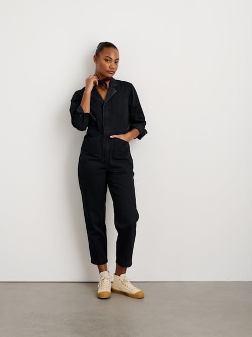 on model image of Women's Zip Jumpsuit in Herringbone
