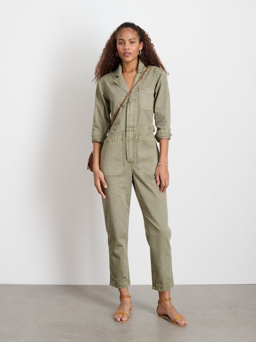 on model image of Women's Zip Jumpsuit in Herringbone