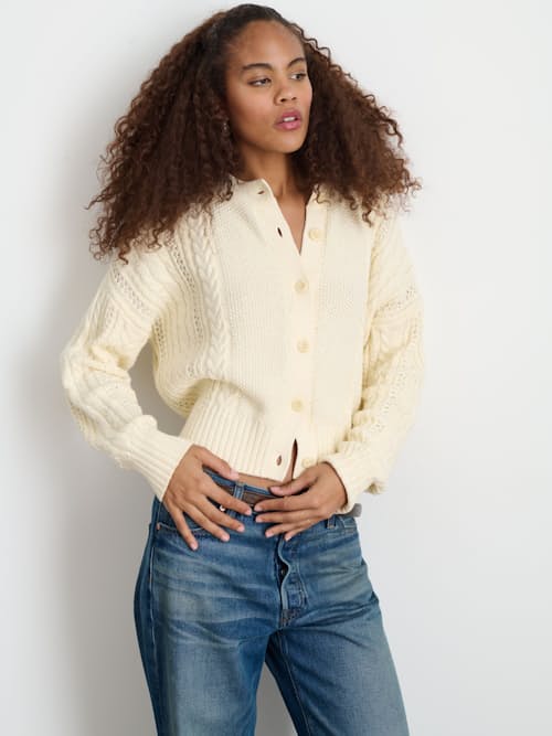 on model image of Women's Cable Knit Nico Chunky Cardigan