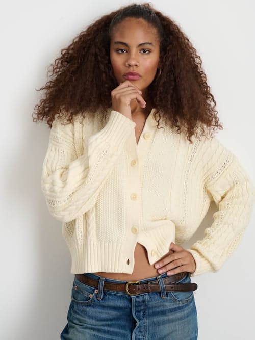 on model image of Women's Cable Knit Nico Chunky Cardigan