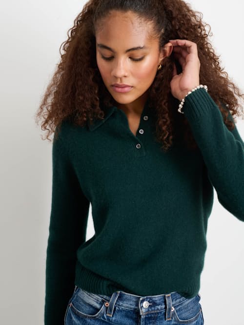 on model image of Women's Cashmere Alice Polo Sweater
