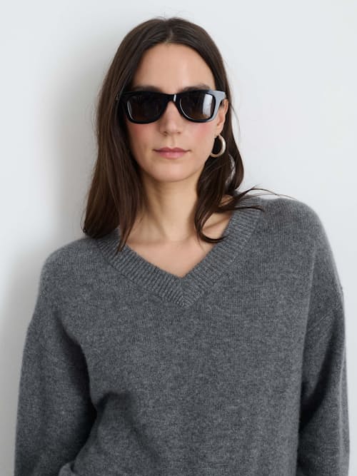 on model image of Women's Cashmere Rowan V Neck Sweater