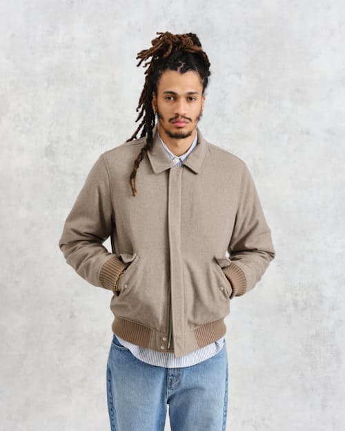 on model image of Knoll Melton Wool Bomber Jacket