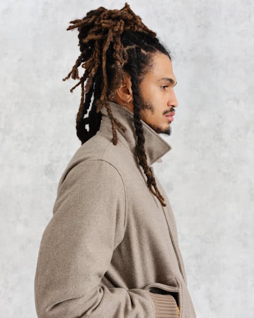 on model image of Knoll Melton Wool Bomber Jacket