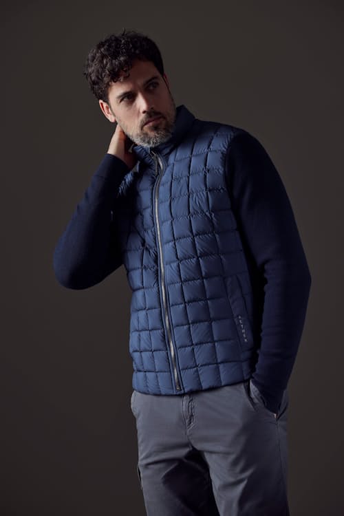 on model image of M Phase Down Insulated Full Zip Sweater