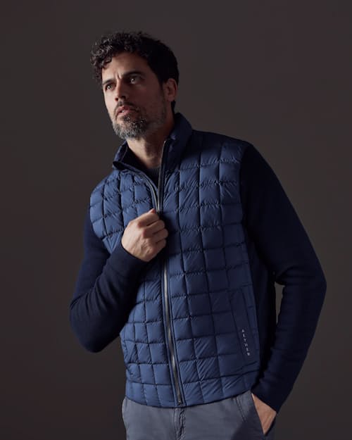 on model image of M Phase Down Insulated Full Zip Sweater