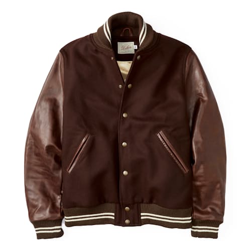 laydown image of Leather and Wool-Blend Varsity Bomber Jacket
