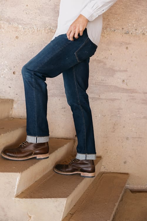 lifestyle image of The Hammer Straight Stretch Selvedge Denim Jeans