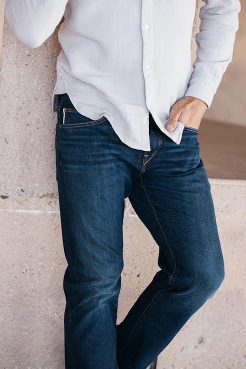 lifestyle image of The Hammer Straight Stretch Selvedge Denim Jeans