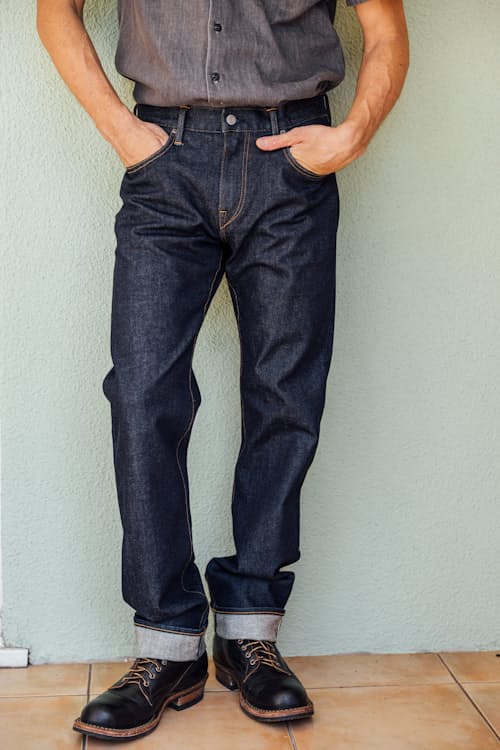lifestyle image of The Hammer Straight Stretch Selvedge Denim Jeans