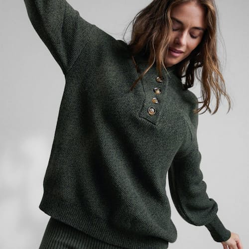on model image of Women's Cozy Cotton Silk Pocket Henley