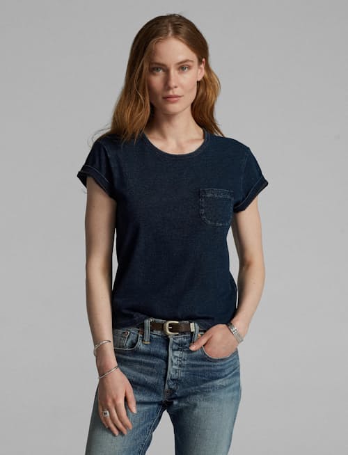 lifestyle image of Women's Short Sleeve Indigo Pocket Tee