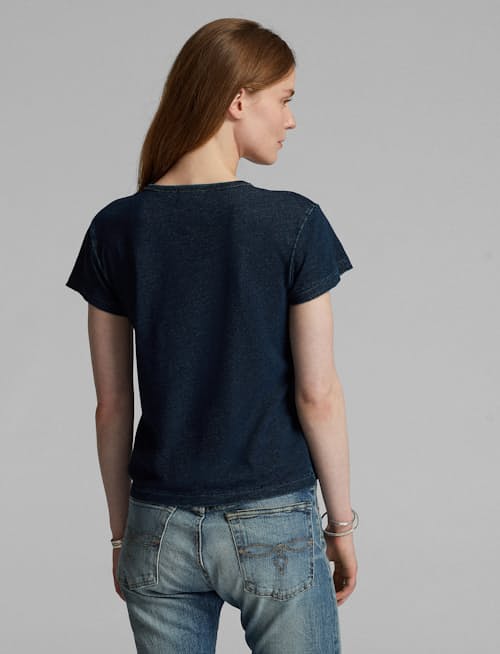 lifestyle image of Women's Short Sleeve Indigo Pocket Tee