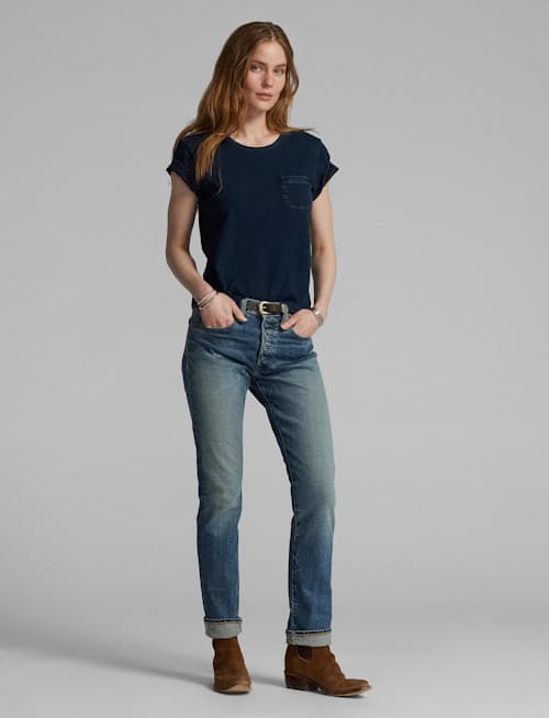 lifestyle image of Women's Short Sleeve Indigo Pocket Tee
