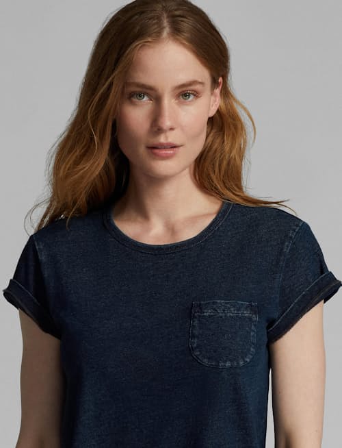lifestyle image of Women's Short Sleeve Indigo Pocket Tee