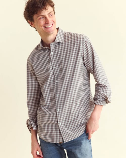 on model image of Hutchenson Plaid Long Sleeve Shirt