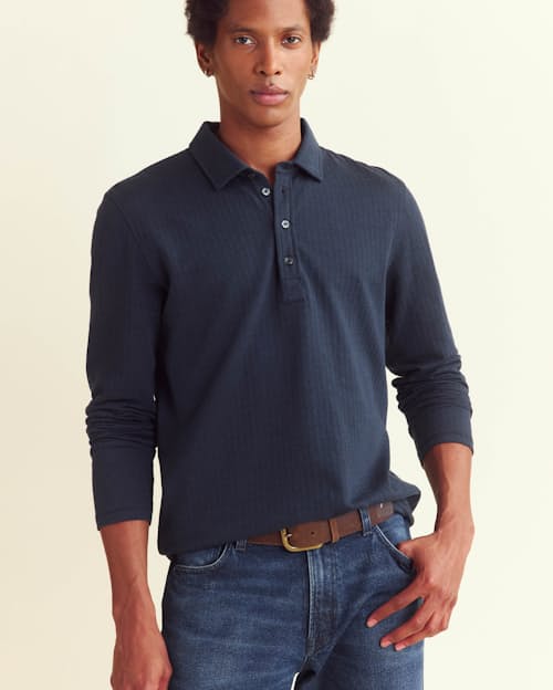 on model image of Herringbone Long Sleeve Polo