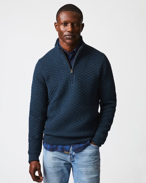 on model image of Diamond Quilted Half Zip Sweater