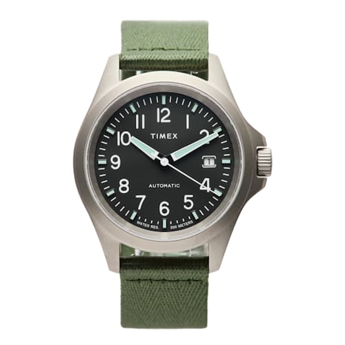 laydown image of Huckberry x Timex Titanium Automatic Field Watch