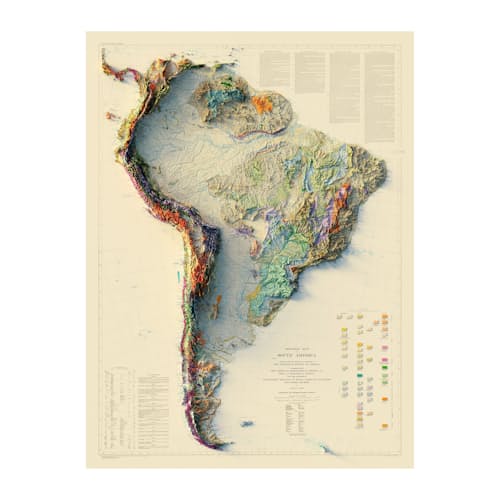 laydown image of South America 1950 Shaded Relief Map