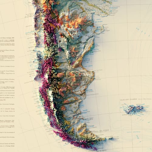 laydown detail image of South America 1950 Shaded Relief Map