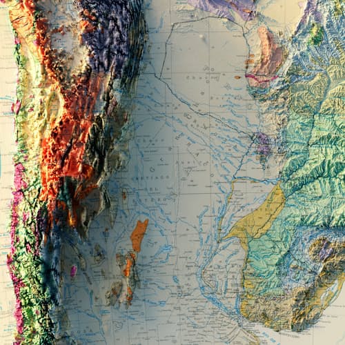 laydown detail image of South America 1950 Shaded Relief Map