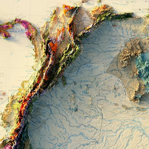 laydown detail image of South America 1950 Shaded Relief Map