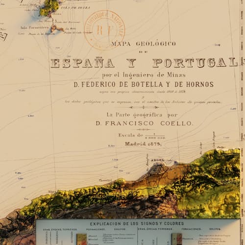 laydown detail image of Spain and Portugal 1879 Shaded Relief Map