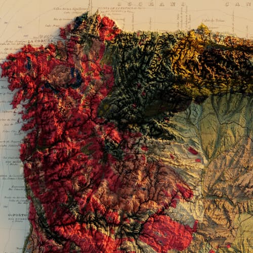 laydown detail image of Spain and Portugal 1879 Shaded Relief Map
