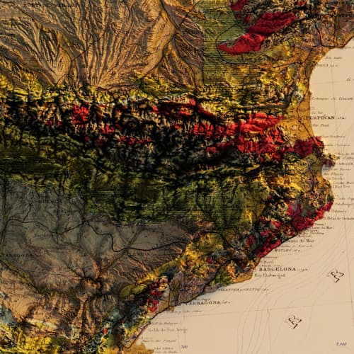 laydown detail image of Spain and Portugal 1879 Shaded Relief Map