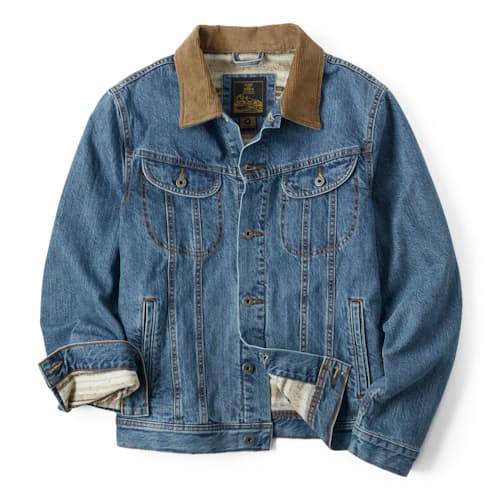 laydown image of Flannel-Lined Denim Trucker Jacket