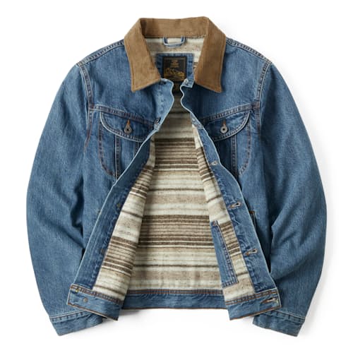 laydown image of Flannel-Lined Denim Trucker Jacket