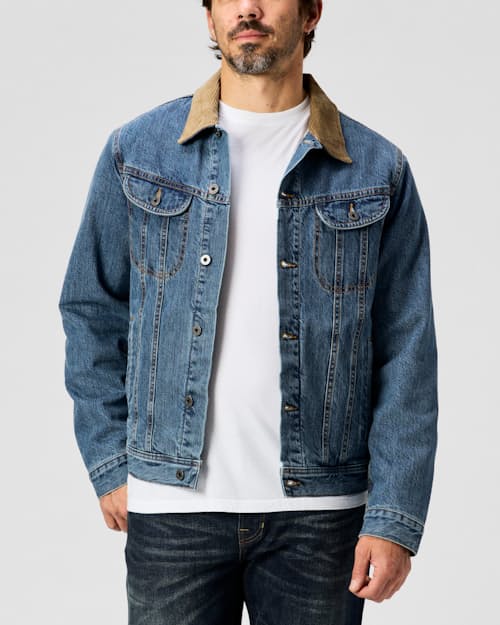 on model image of Flannel-Lined Denim Trucker Jacket