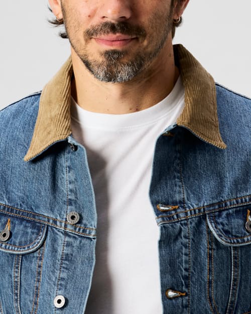 on model image of Flannel-Lined Denim Trucker Jacket