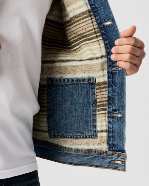 on model image of Flannel-Lined Denim Trucker Jacket