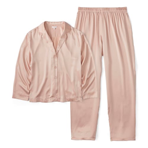 laydown image of Women's Washable Silk Piped Long Sleeve Pant Set
