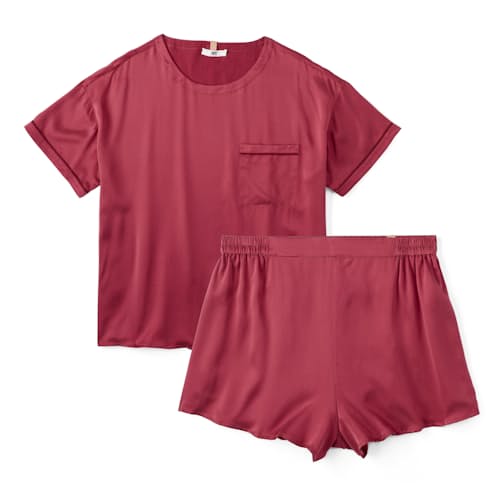 laydown image of Women's Washable Silk Piped Tee Short Set