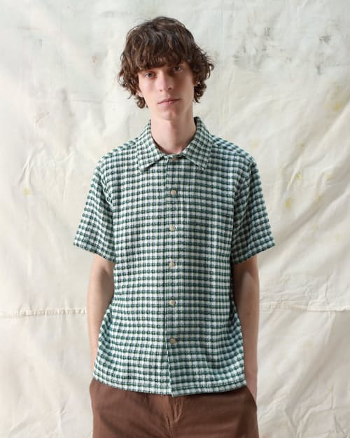 on model image of Busey Dobby Check Short Sleeve Shirt
