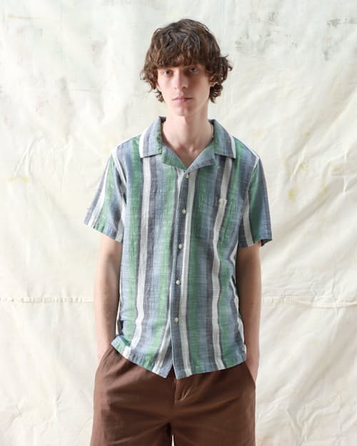on model image of Selleck Slub Stripe Short Sleeve Shirt
