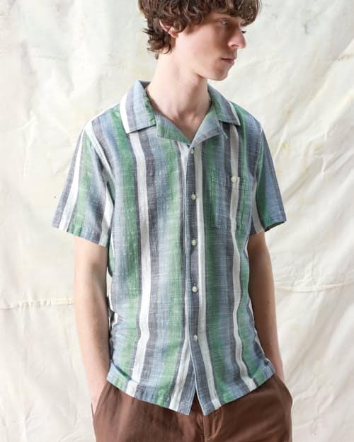 on model image of Selleck Slub Stripe Short Sleeve Shirt