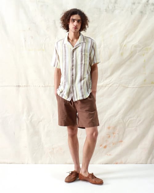 on model image of Selleck Slub Stripe Short Sleeve Shirt