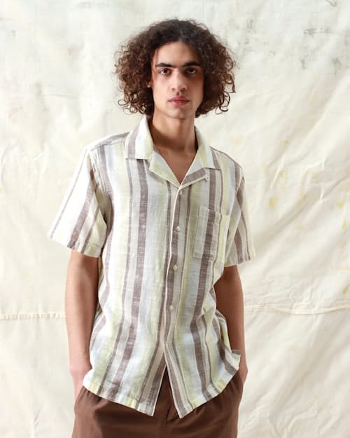 on model image of Selleck Slub Stripe Short Sleeve Shirt