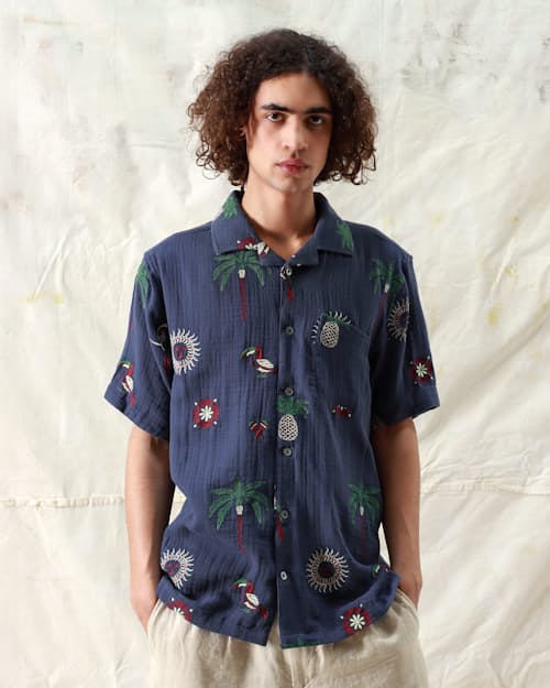 on model image of Stachio Tropical Short Sleeve Shirt