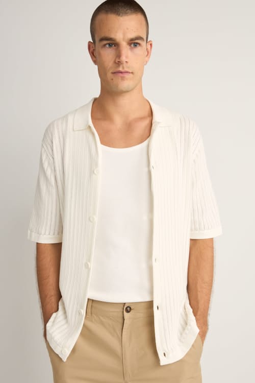 on model image of Knit Button Down Polo