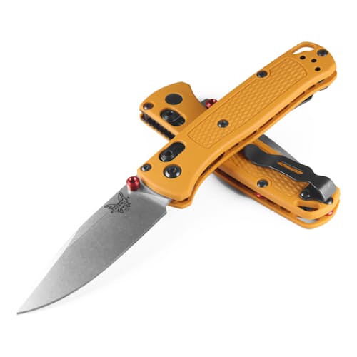 laydown image of Mini Bugout Daybreak Yellow Grivory Pocket Knife