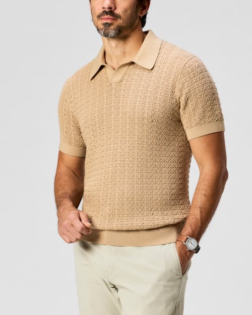 on model image of Retro Stitch Johnny Collar Polo