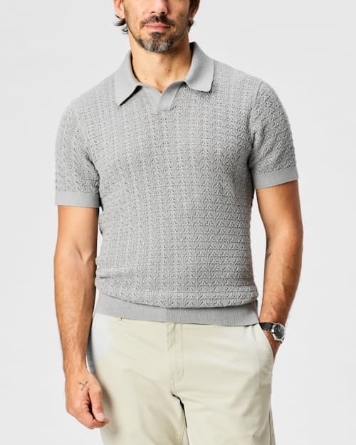 lifestyle image of Retro Stitch Johnny Collar Polo