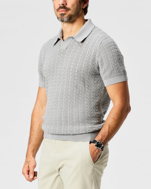 lifestyle image of Retro Stitch Johnny Collar Polo