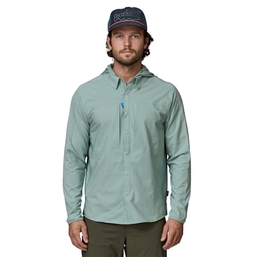 on model image of River Rambler Hybrid Sun Hoody