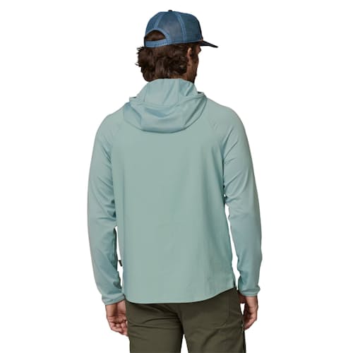on model image of River Rambler Hybrid Sun Hoody